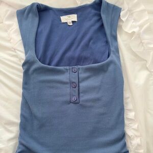 Live in the Moment Blue Ribbed Button Long Fitted Pretty Tank Top